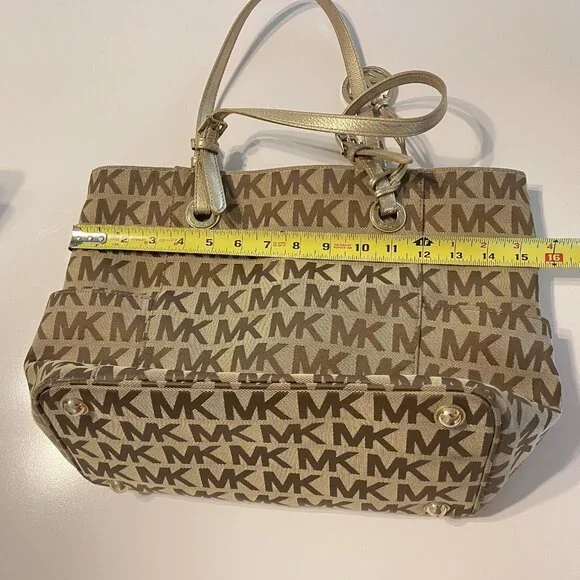 Michael Kors Jet Set Signature Logo Tote Handbag Large Brown Side Pockets - Picture 9 of 16